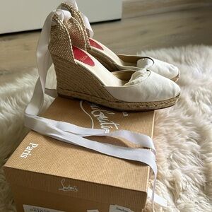 Christian Louboutin White Espadrilles. Grosgrain strap. Original box. Size 38/8B